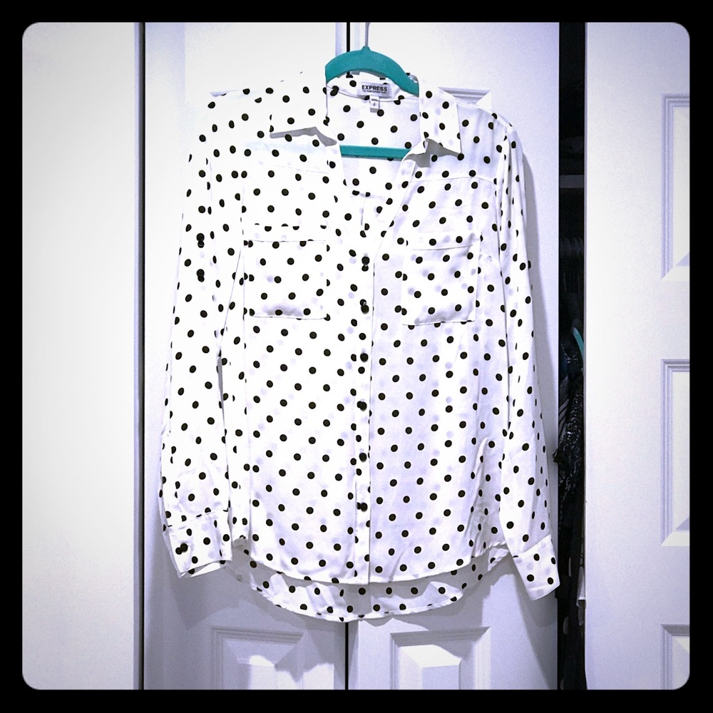 White and black Polk a dot button down top